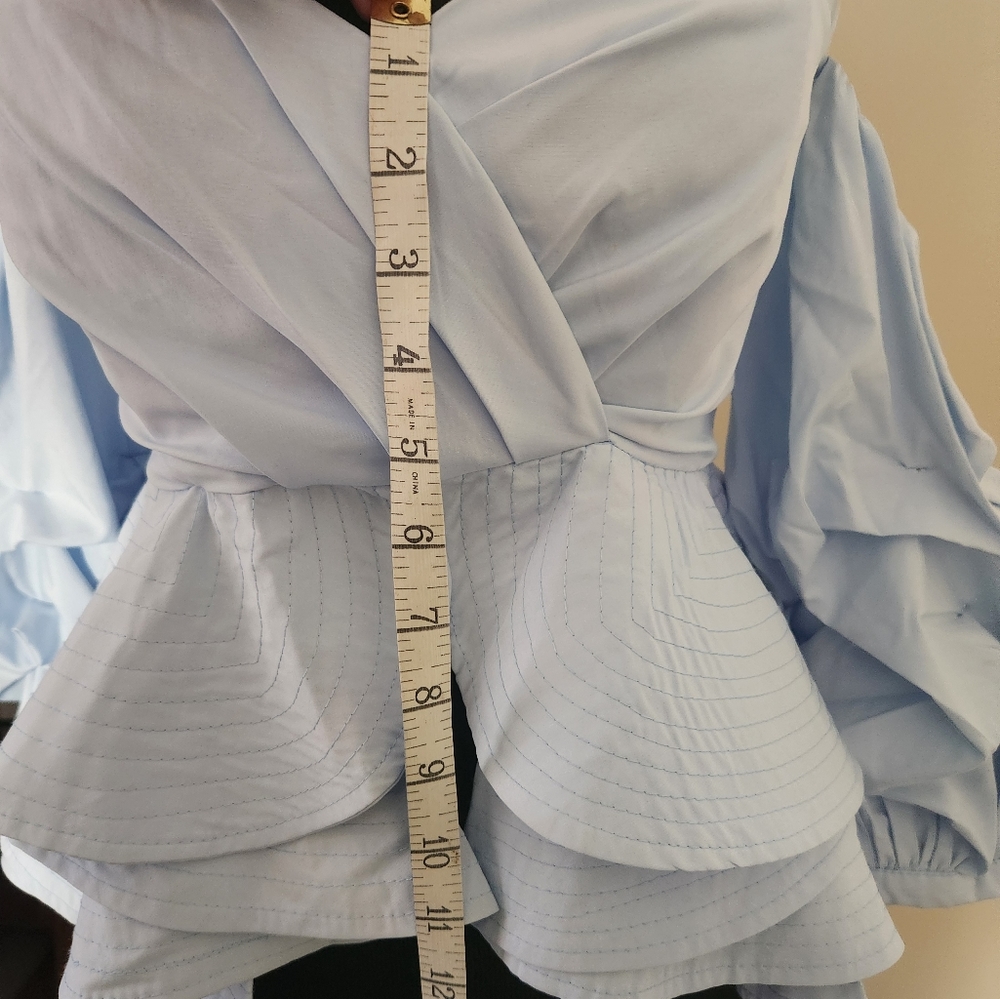 Beulah Style off shoulder bustier puff sleeve blue peplum top Size Small - Picture 11 of 16